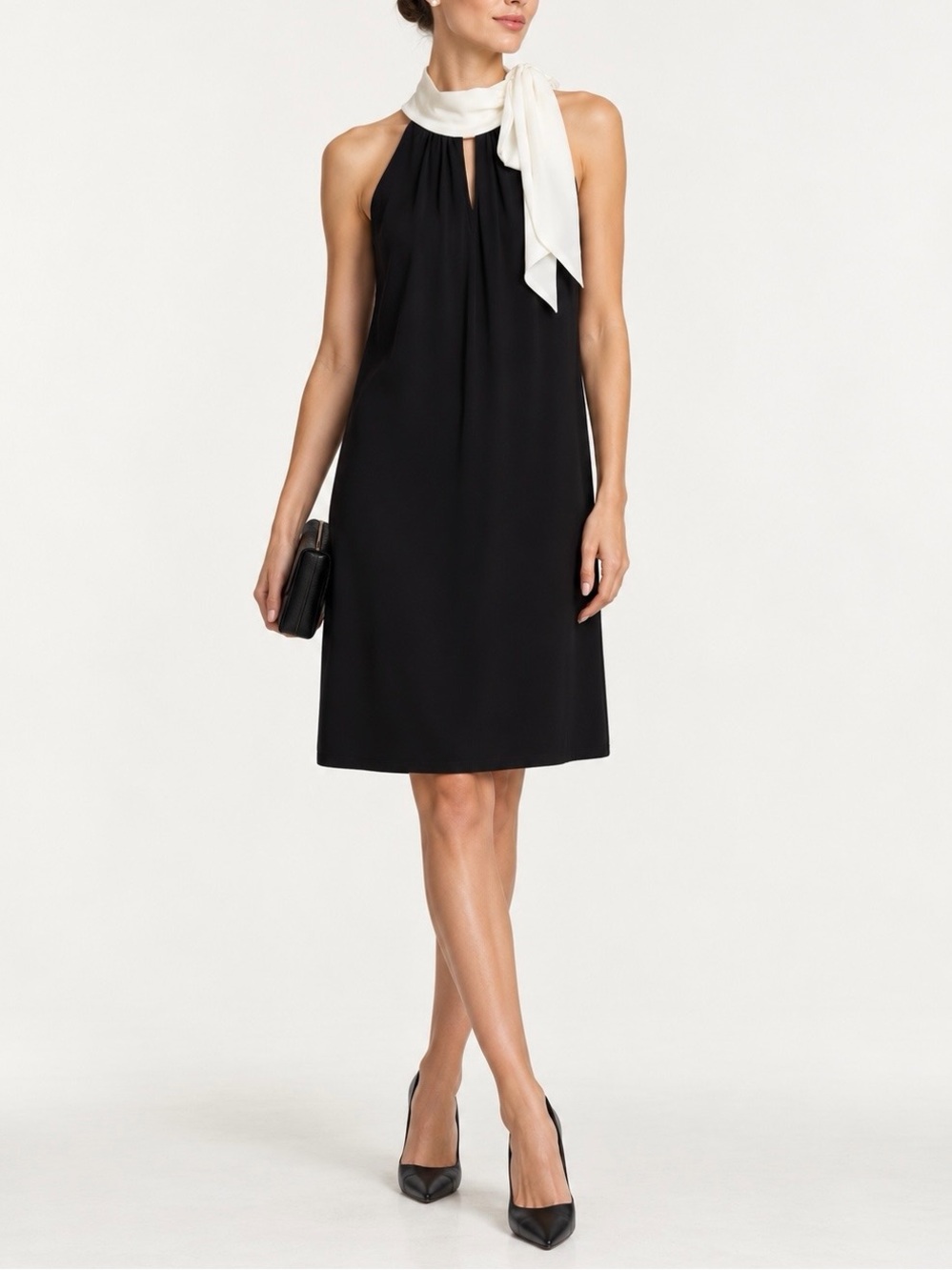 NWT White House Black Market Black Ecru Tie Neck Halter Shift Dress Small
